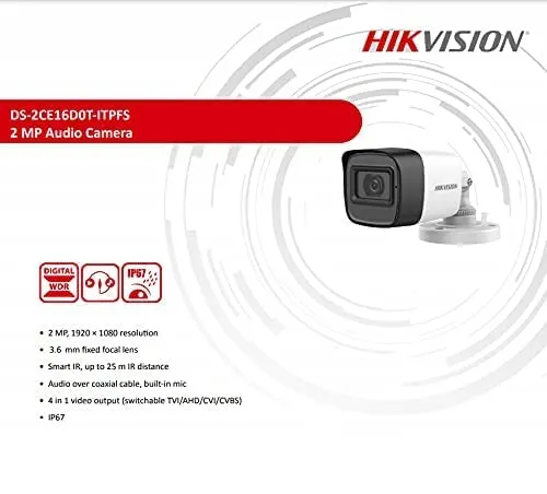 HIKVISION 2MP Outdoor Wired HD1080p with inbuilt Mic for Audio Recording DS-2CE16D0T-ITPFS + USEWELL BNC/DC