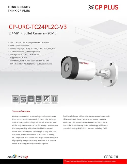 CP PLUS 2.4MP IR Bullet Camera CP-URC-TC24PL2C-V3 Camera with Support Built in Mic | 1080P Full HD Recording | Max 30fps