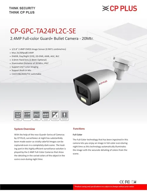 CP PLUS 2.4MP Full-Colour Guard+ Bullet Camera Support Built-in Mic (CP-GPC-TA24PL2C-SE) Analog HD Cameras