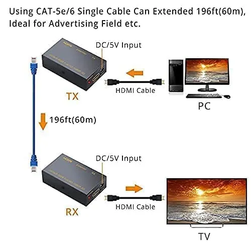 60M HDMI Extender, HDMI to RJ45 Network Cable Extender Converter