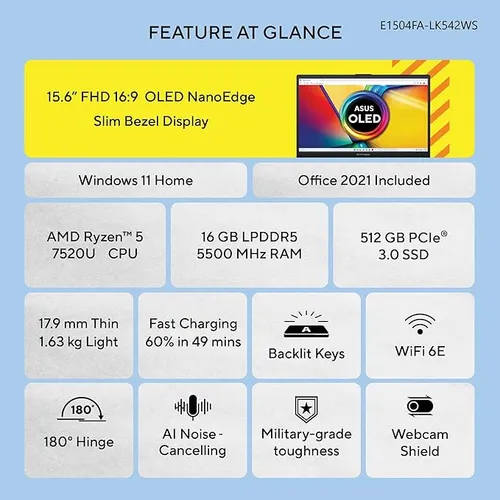 ASUS Vivobook Go 15 (OLED) 2023, AMD Ryzen 5 7520U, 15.6" (39.62 cm) FHD OLED, Thin & Light Laptop (16GB/512GB SSD/Windows 11/Office 2021/Alexa Built-in/Backlit KB/Black/1.63 kg) E1504FA-LK542WS