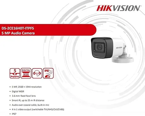 HIKVISION 5 MP Outdoor Bullet CCTV Ethernet Camera with inbuilt Audio Mic IP67 DS-2CE16H0T-ITPFS + BNC/DC, 1080p