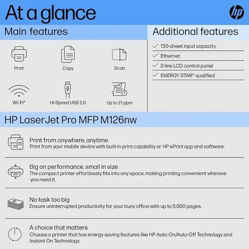 HP Laserjet Pro M126Nw All-in-One B&W Wireless Monochrome Laser Printers for Home: Print, Copy, & Scan, Compact, Easy Mobile Printing, Black