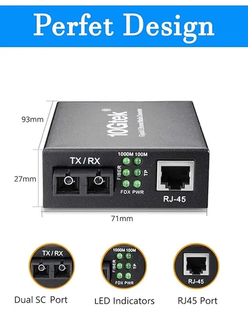 Gigabit Ethernet to Fiber Media Converter 10/100/1000M Single-Mode Dual Fiber SC to RJ45, up to 20KM