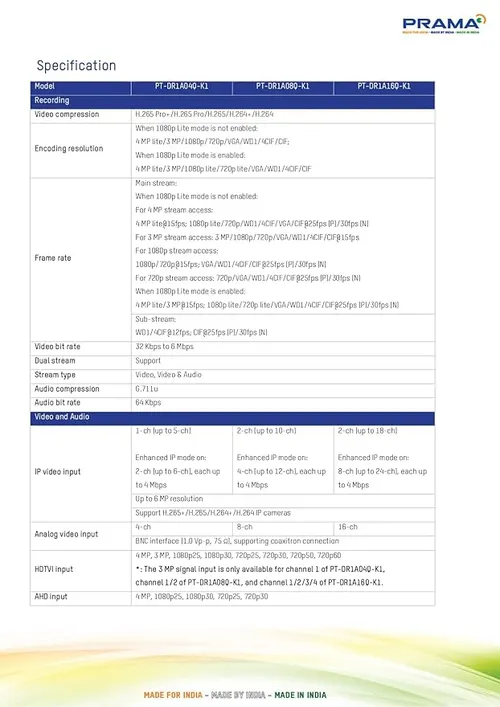 PRAMA 4CH 5MP SUPPORT PT-DR1A04Q-K1