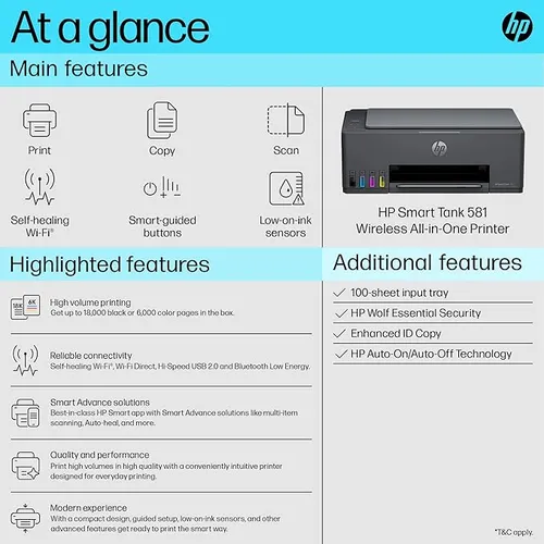 HP Smart Tank 581 All-in-one WiFi Colour Printer with 2 Extra Black Ink Bottles(Upto 12000 Black and 6000 Colour Prints)and 1 Year Extended Warranty with PHA Coverage