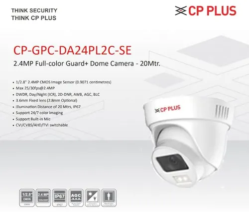 CP PLUS 2.4MP Full-Colour Guard+ Dome Camera Support Built-in Mic (CP-GPC-DA24PL2C-SE) Analog HD Cameras