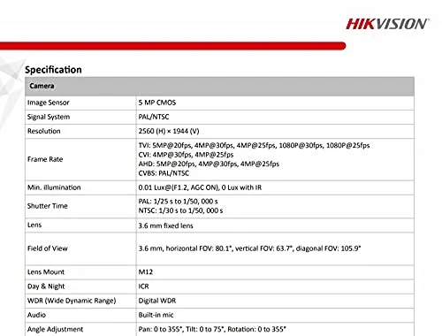 HIKVISION 5 MP Outdoor Bullet CCTV Ethernet Camera with inbuilt Audio Mic IP67 DS-2CE16H0T-ITPFS + BNC/DC, 1080p