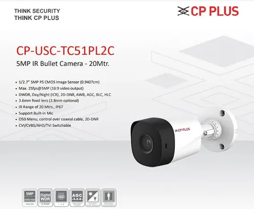 CP PLUS 5MP HD Outdoor Bullet Camera with in-Build MIC 3.6MM LENSE 20MTR IR Distance CP-USC-TC51PL2C-036