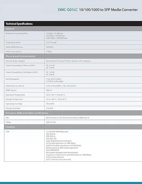 D-Link Business D-Link DMC-G01LC 10/100/1000 to P Media Converter