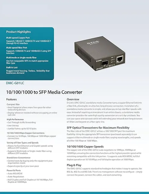 D-Link Business D-Link DMC-G01LC 10/100/1000 to P Media Converter