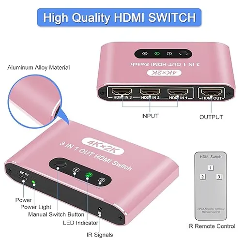 HDMI Switch 3 in 1 Out 4K HDMI Switcher Splitter, 4k/2K Aluminum 3 Port HDMI Switch