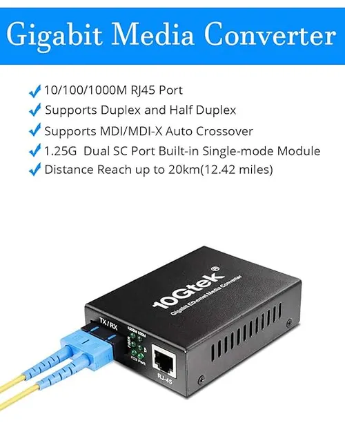 Gigabit Ethernet to Fiber Media Converter 10/100/1000M Single-Mode Dual Fiber SC to RJ45, up to 20KM