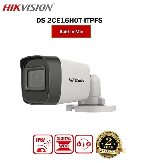 HIKVISION 5 MP Outdoor Bullet CCTV Ethernet Camera with inbuilt Audio Mic IP67 DS-2CE16H0T-ITPFS + BNC/DC, 1080p