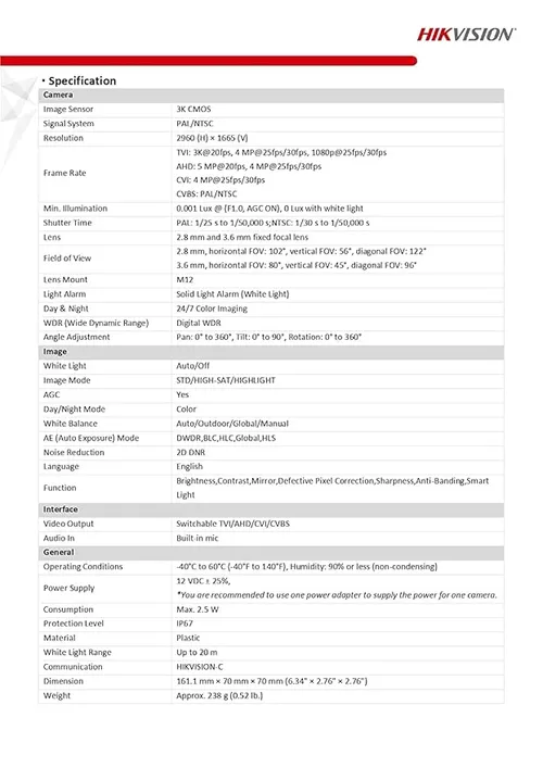 HIKVISION 3K ColorVu Audio Fixed Mini Bullet Camera DS-2CE10KF0T-PFS