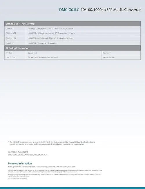 D-Link Business D-Link DMC-G01LC 10/100/1000 to P Media Converter