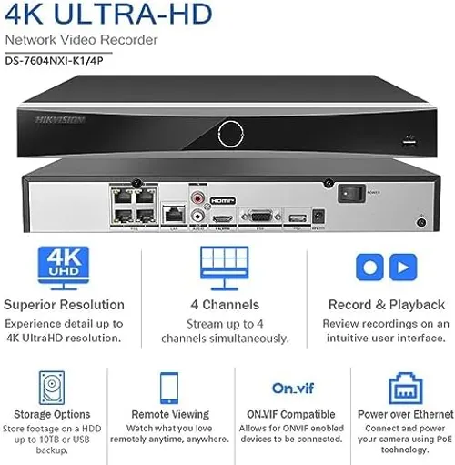 DS-7604NXI-K1/4P 4 Channel PoE 4K ACU-Sense H.265+ NVR, Human&Vehicle Detection, Facial Recognition, Plug&Play Compatible with Hikvision IP Camera