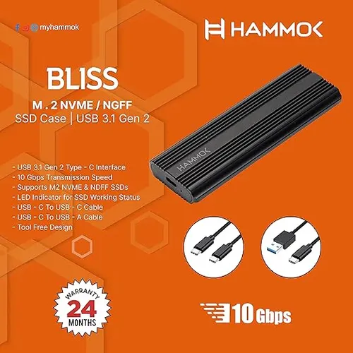HAMMOK Bliss M.2 NVME /NGFF SSD Case USB 3.1 Gen 2 Enclosure, USB 3.1 Gen 2 (10 Gbps) to NVMe PCI-E M.2 SSD Case
